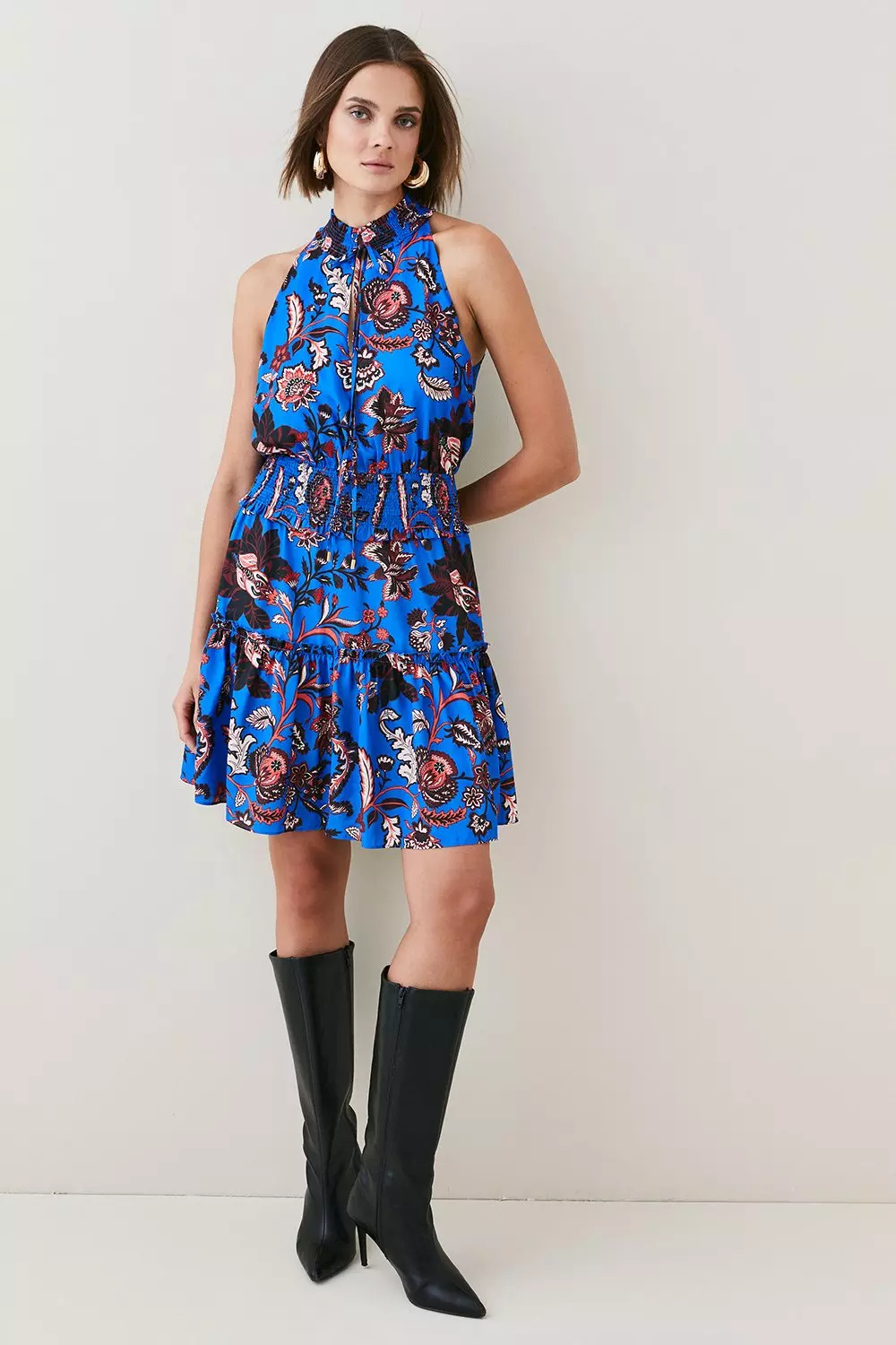 Floral Shirred Detail Woven Mini Dress | Karen Millen